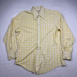 Vintage Capri Shirt Mens Large Yellow Check Long Sleeve Nylon Button Up 70s